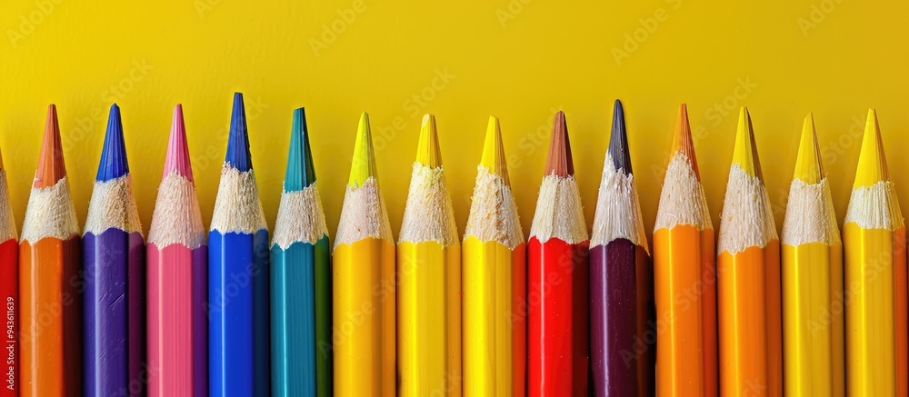 Aufkleber close up of numerous colorful pencils on a vibrant yellow backdrop with ample copy space image