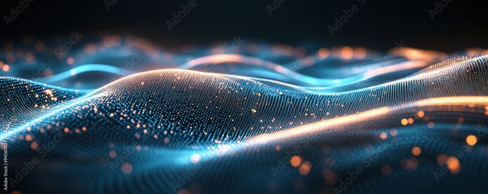 Aufkleber a mesmerizing wave of light and particles, creating an ethereal digital landscape with depth and vib