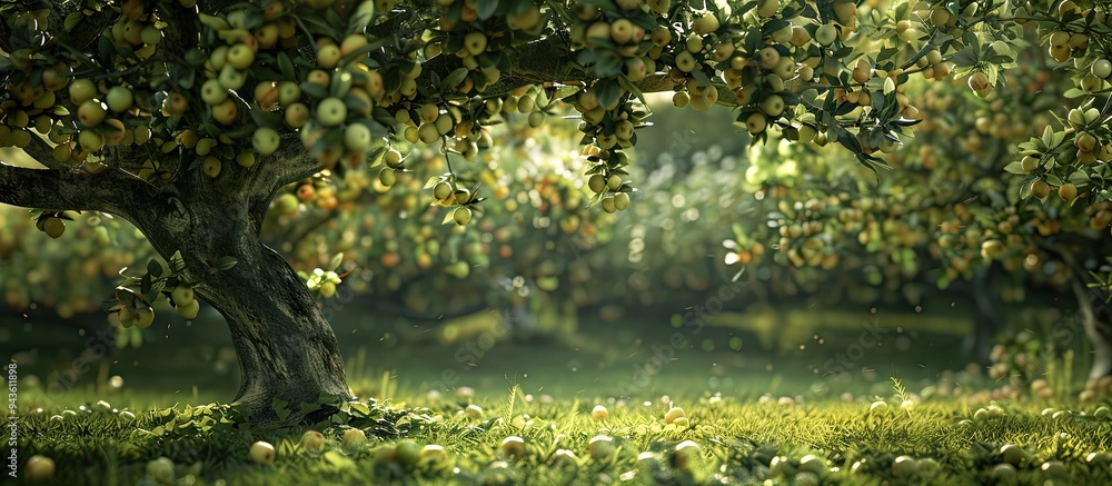 Poster organic apple tree in a lush orchard with a green copy space image