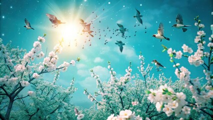 Fototapeta premium Birds Flying Through a Blossoming Cherry Tree in a Sunny Sky