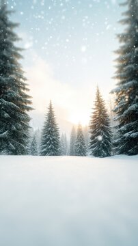 Enchanting Winter Scene with Christmas Trees in Snowy Forest
