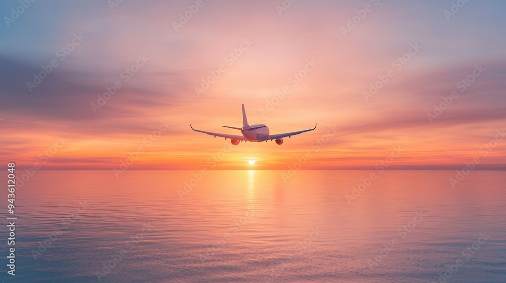 Sticker Airplane Flying Over Ocean at Sunset.