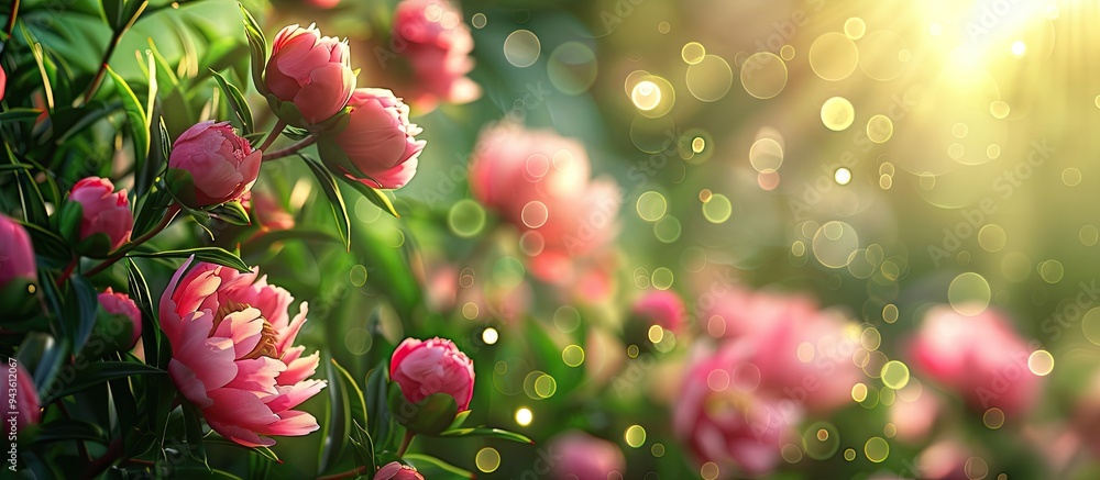 Aufkleber A blooming garden with pink peonies and buds in a close up copy space image against a vibrant green backdrop creating a beautiful bokeh effect