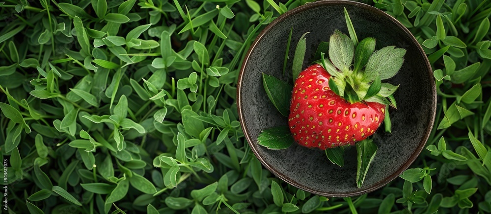Poster top down view of a bowl with a fresh ripe red strawberry placed on lush green grass portraying a sum