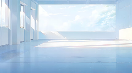 Obraz premium Empty Classroom with Window View of Sky and Trees, Bright Background