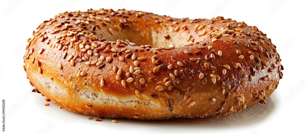 Poster A toasted bagel with seeds set against a white background displays a textured surface and a crust with a golden brown hue in the copy space image
