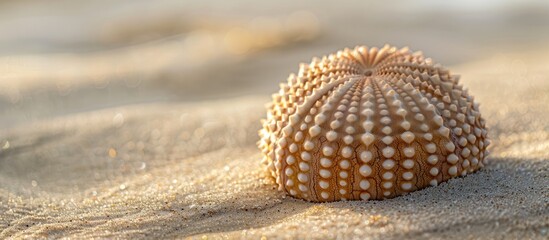 Sea urchin shell on a sandy beach with copy space image