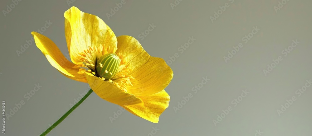 Poster Close up of a caustic Buttercup Ranunculus acris with yellow spring blooms against a plain background for copy space image
