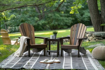 Cozy Outdoor Garden Seating with Light Brown and Dark Chocolate Adirondack Chairs, Matching Cushions, and Minimalist Decor for Relaxation
