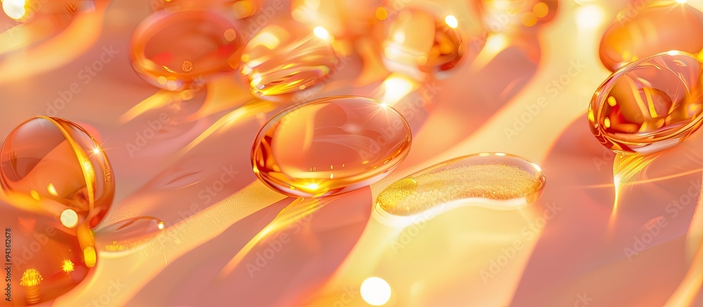 Poster Vitamin E capsules with antioxidants for dietary support showcased on a bright paper background with a soft focus Top view close up with ample copy space image