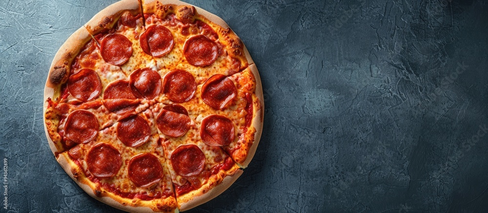 Poster A top view shot of a round pepperoni pizza atop a gray surface allowing room for additional text in the image It s Pizza Day Copy space image available