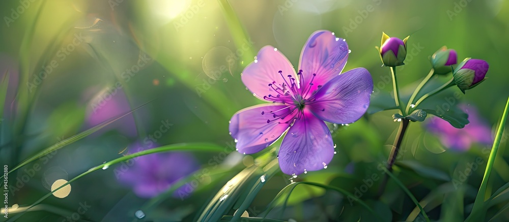 Poster a vibrant purple wildflower in full bloom is showcased in a close up image with a blurred green gras