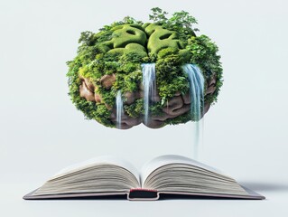 A creative illustration of a brain made of greenery floating above an open book, symbolizing knowledge and nature.