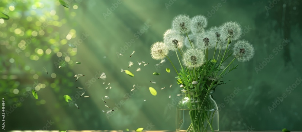 Poster dandelion bouquet in a vase with sunlit green backdrop and scattered seeds ideal for copy space imag