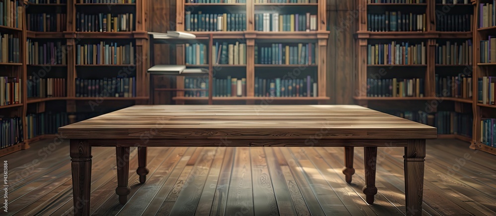 Aufkleber a wooden table with no items on top set against a library backdrop at a school provides space for pr