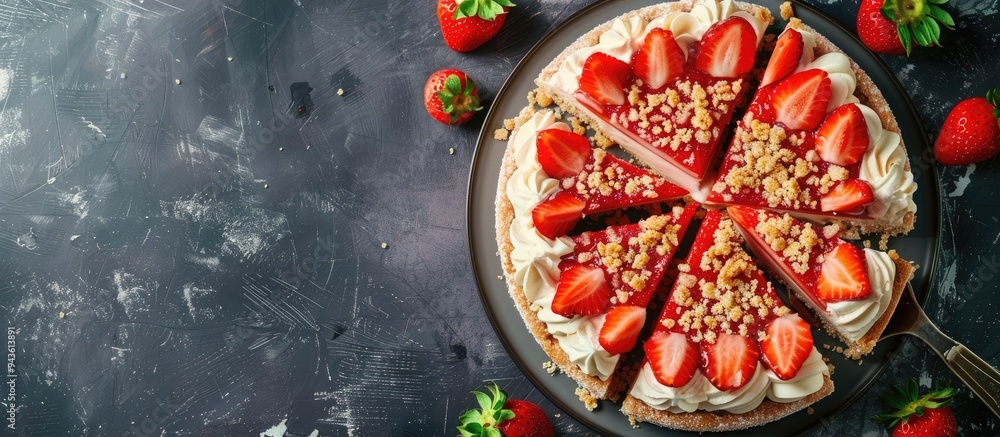 Poster Top down view of a scrumptious strawberry crumble cake with fresh slices on a blank copy space image