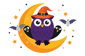 Halloween owl wearing a Halloween cap sits on an orange half moon B.eps