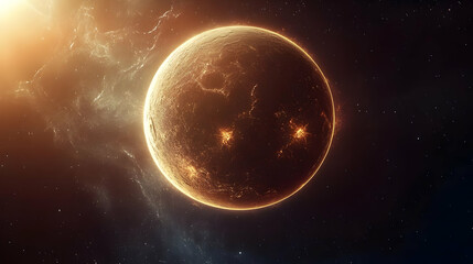 Fototapeta premium A fiery orange planet with a glowing surface against a starry backdrop.
