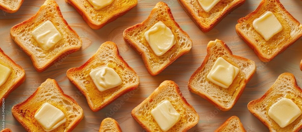Aufkleber Top down view of buttered toast slices on a wooden surface against a gray backdrop ample copy space image available