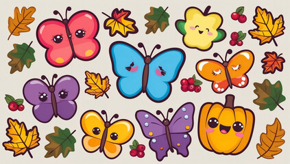 sticker set, different cute funny cartoon butterfly