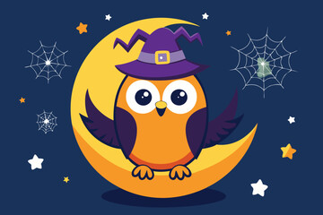 Halloween owl wearing a Halloween cap sits on an orange half moon m.eps