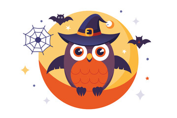 Halloween owl wearing a Halloween cap sits on an orange half moon O.eps