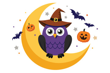 Halloween owl wearing a Halloween cap sits on an orange half moon P.eps