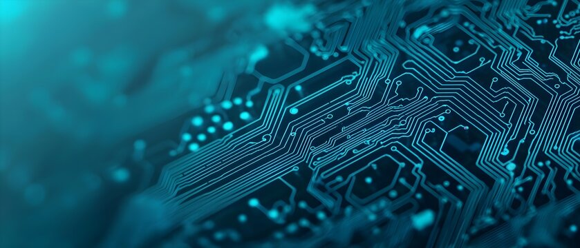 Abstract close-up of a futuristic circuit board with intricate designs and blue hues, showcasing technology and modernity.