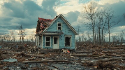 A fragile house in a wasteland of destruction, surrounded by snapped tree trunks and debris, showing the raw power of nature's wrath