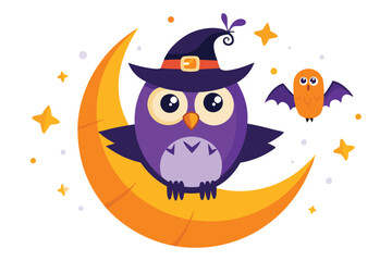 Halloween owl wearing a Halloween cap sits on an orange half moon S.eps