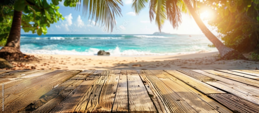 Aufkleber Wooden table featuring a sunny tropical beach background blurred to enhance focus ideal for showcasing summer products and presentations with copy space image