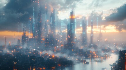 Fototapeta premium A futuristic city after a catastrophic event, with holographic debris floating in the air, neon blue lighting, steampunk elements mixed with technology, 3D render, highly detailed.