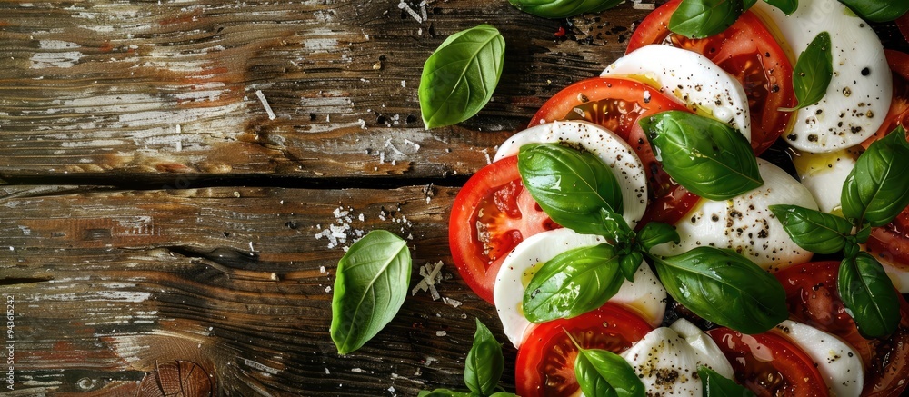 Poster italian caprese salad featuring sliced tomatoes mozzarella basil and olive oil with a blank space fo