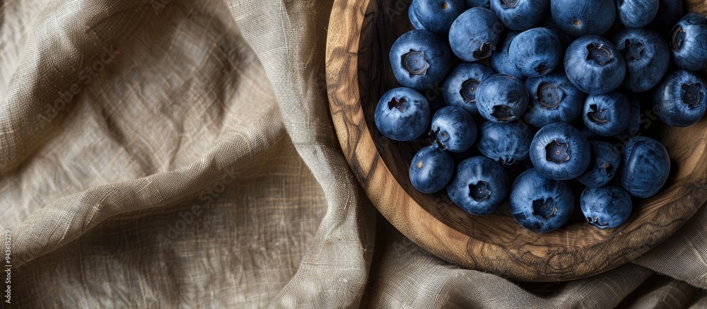 Poster Top view close up of blueberries displayed on a wooden plate against a rustic cloth background with a blank space for text in the image. Creative banner. Copyspace image