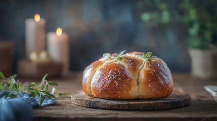 freshly baked round bread on wooden board with candles in background