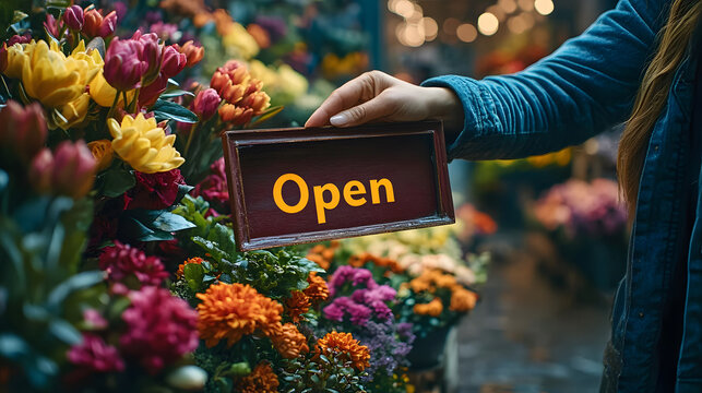Open sign of new flower shop.