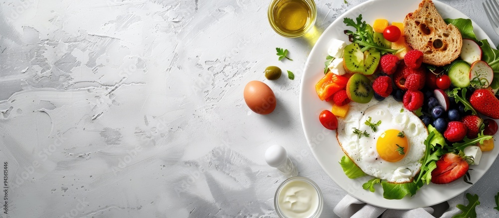 Poster a delicious flat lay breakfast arrangement with fruits salad egg bread vegetables cheese and berries