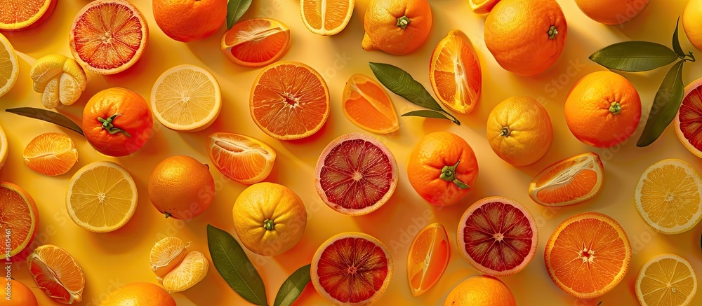 Poster various exotic fruits such as oranges tangerines lemons and blood oranges are arranged in a flat lay