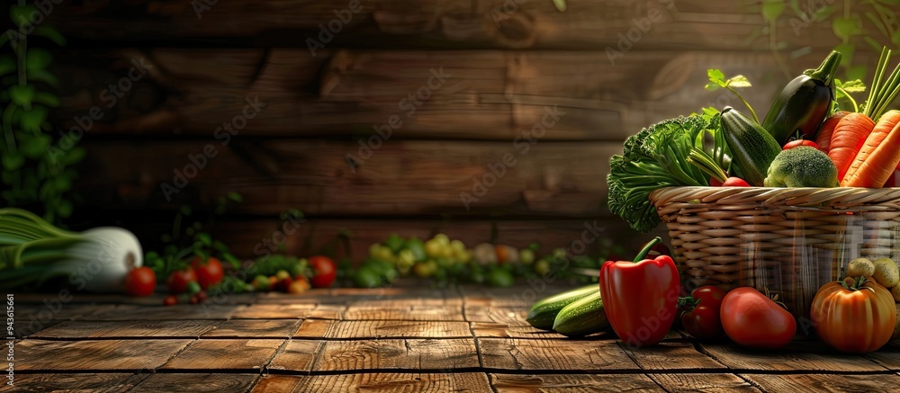 Poster wooden background with a variety of fresh vegetables in a basket with available copy space image