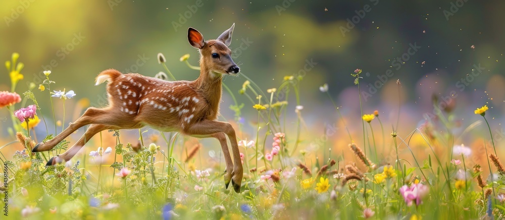 Poster roe deer leaping gracefully across a meadow filled with colorful flowers with ample copy space image