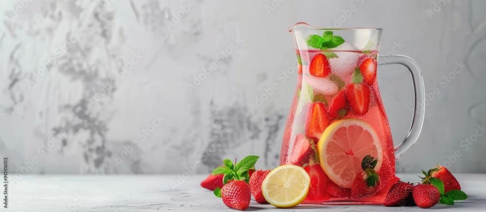 Aufkleber Fresh strawberry lemonade with mint in a pitcher and glass on a grey background in close up view with room for text in the image. Creative banner. Copyspace image