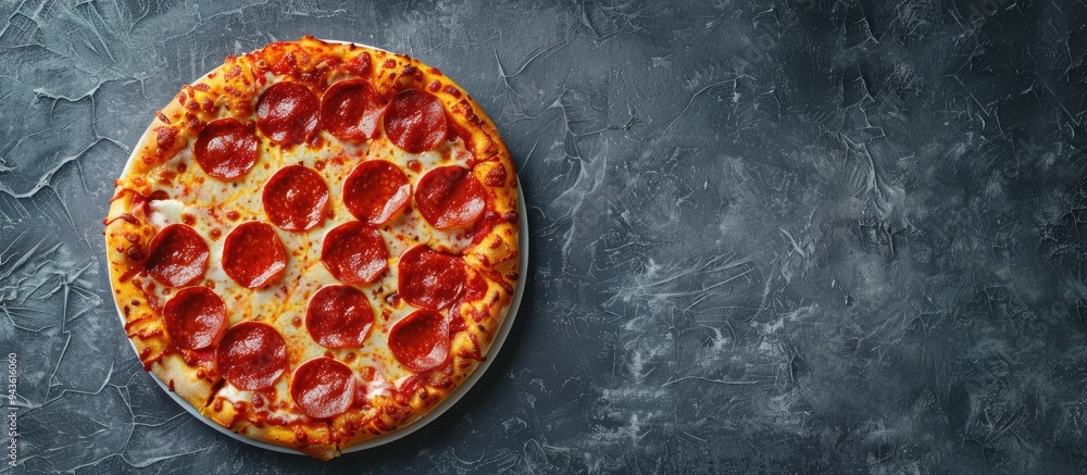 Aufkleber a top view shot of a round pepperoni pizza atop a gray surface allowing room for additional text in 