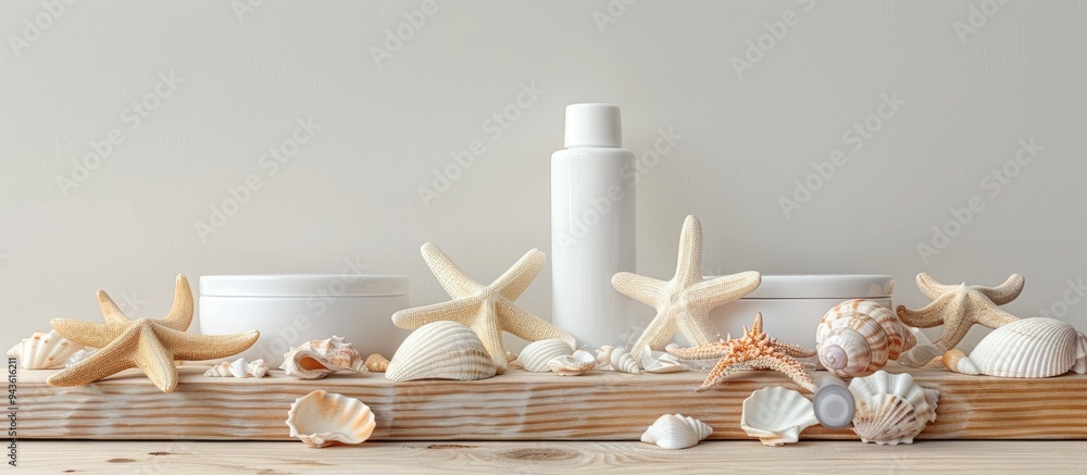 Poster Summer themed skincare display featuring a unbranded moisturizing flacon cream and lotion on a table adorned with seashells and starfish against an isolated copy space image