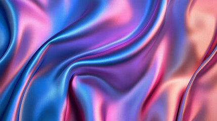 Close-up of flowing satin fabric in blue and pink hues with a shimmering effect, showcasing its smooth and glossy texture.
