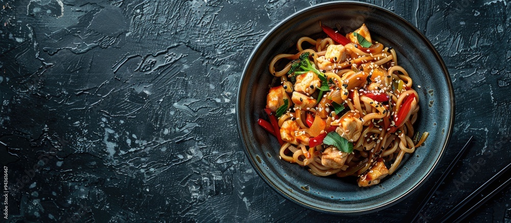 Poster copy space image of a bowl with udon stir fry noodles chicken and sesame on a dark stone surface