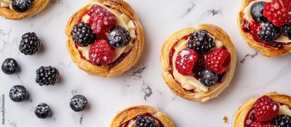 Aufkleber top view of delectable berry filled puff pastries displayed on a white marble surface featuring ampl