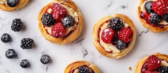 Top view of delectable berry filled puff pastries displayed on a white marble surface featuring ample copy space image