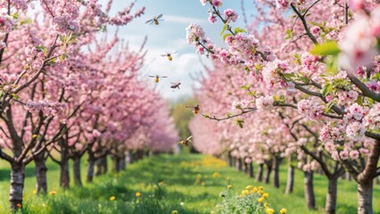 Fototapeta premium Bumblebees Flying Among Pink Blossoms in an Orchard
