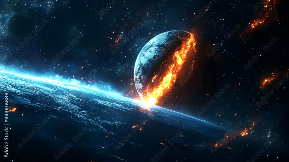 Poster a fiery planet collides with another, creating a spectacular display of cosmic energy.