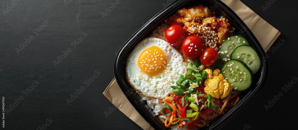 Aufkleber a rice box holding fried egg chicken popcorn tomatoes cucumbers and sesame seeds viewed from the top